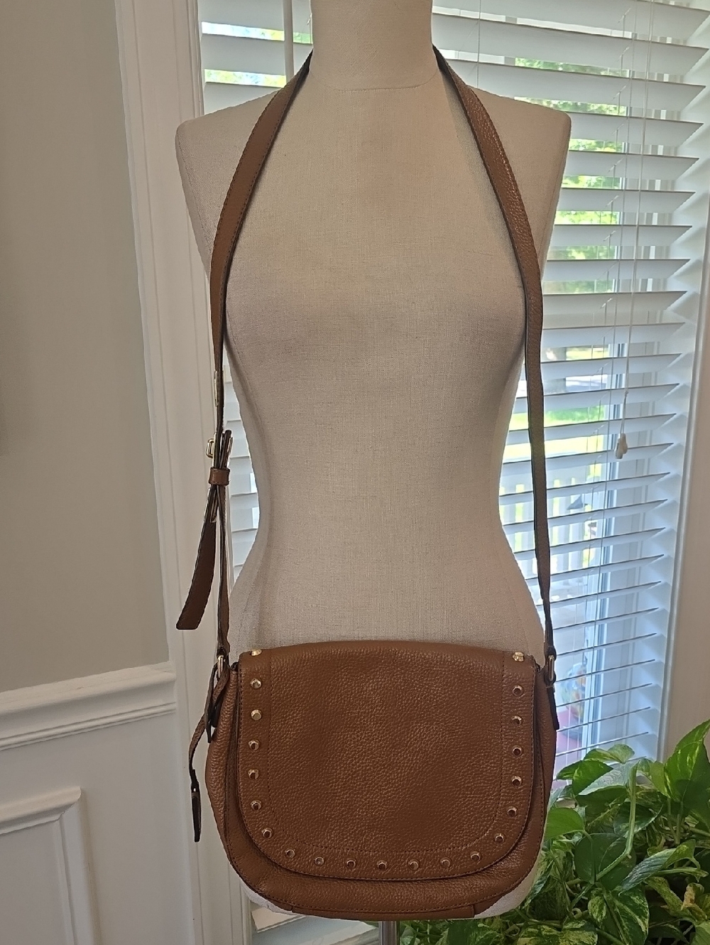 Michael Kors Brown Pebble Leather Crossbody with Stud Trim